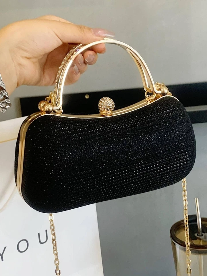 Womens Small Black Rhinestone Decor Gold Chain Double Handle Box Bag Purse Party - Image 2 of 4