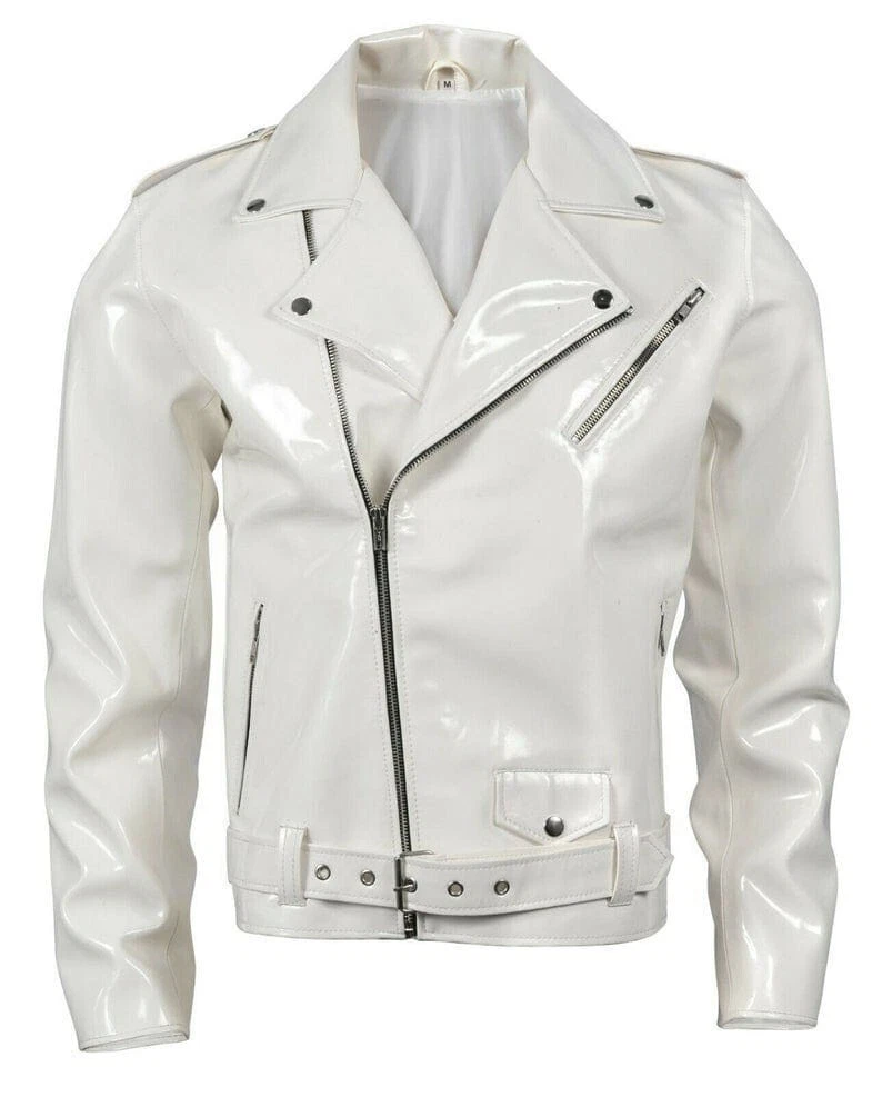Men's Biker Gothic Moto White PVC Vinyl Stylish Motorcycle Fashion Jacket