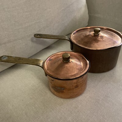 Vtg Copper 8  & 5 3/4  Set Boiler Pan Pot Brass Handle Knob