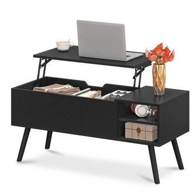 Black Lift Coffee Table with Hidden Storage Compartment, Solid Wood Legs & Open