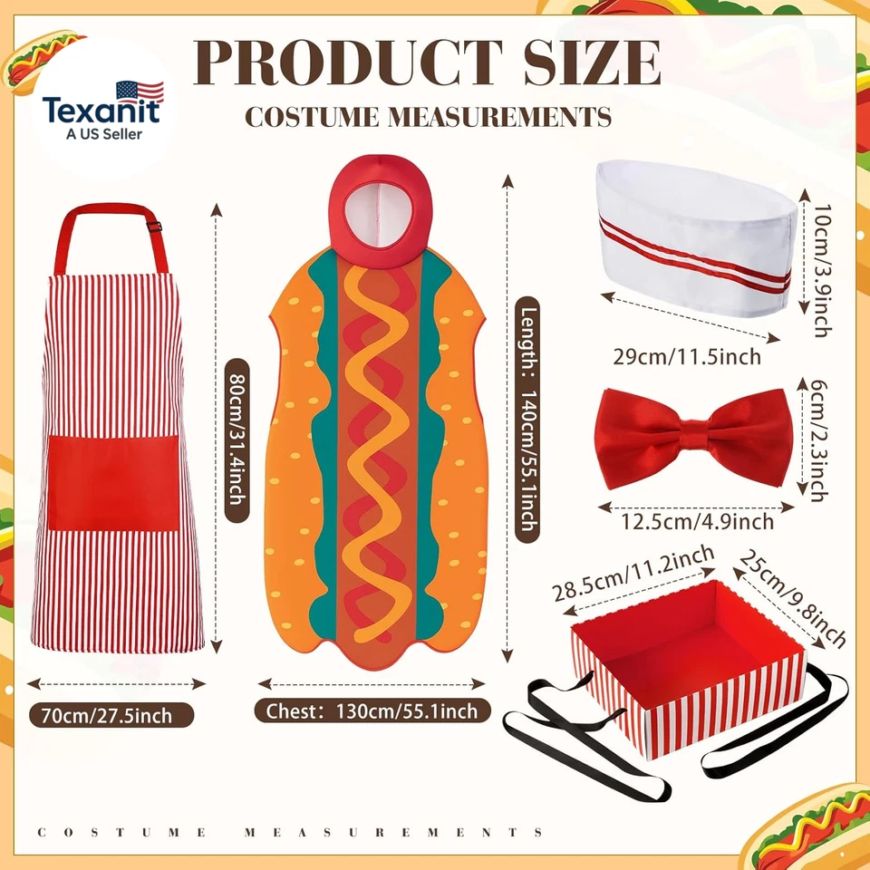5 Pcs Halloween Hot Dog Costume Adult Carnival Circus Costume Popcorn Waiter Sod - Image 2 of 4