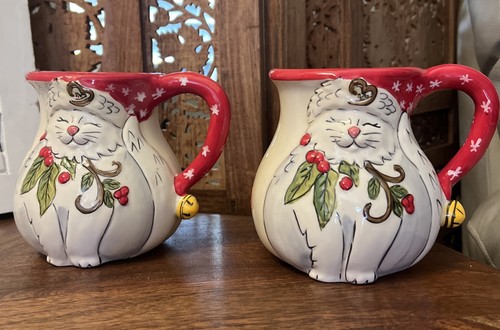 Blue Sky Cat Mug Pair Have a Purrfect Holiday Christmas Kitty Large TWO Holiday