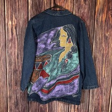 Womens Vintage Typhoons Denim Jean Jacket L Unique Native American Hand Painted
