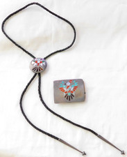 Vintage Sterling Silver Thunderbird Inlay Bolo Tie & Belt Buckle Set
