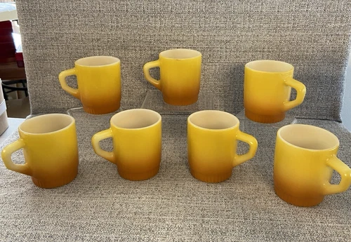 Set of 7 Vintage Fire-King Stack Mugs Honey Gold Yellow Ombre Mid Century