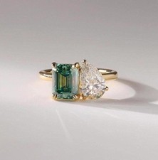 14k SILVER Toi Et Moi Engagement Ring Pear and Emerald Cut Moissanite Two