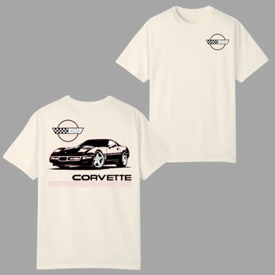 Corvette C4 Classic T-shirt, Retro Sports Car Graphic 2 Sides, Cream Tee 