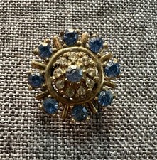 Vintage Floral Blue Rhinestone Gold Tone Brooch Pin