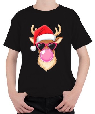 Weihnachtsrentier mit Kaugummi Herzbrille Weihnachtsmütze Cool Unisex Kinder T-S