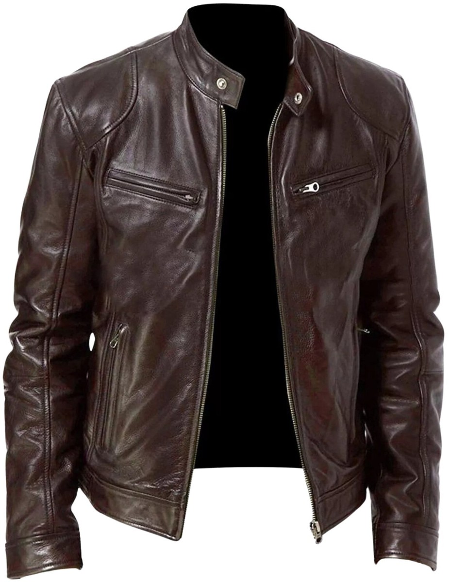 Mens Biker Leather Jacket Genuine Leather Zipped Motorcycle Style