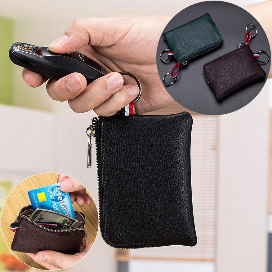 Leather key holder with zipper and 2 credit card slots