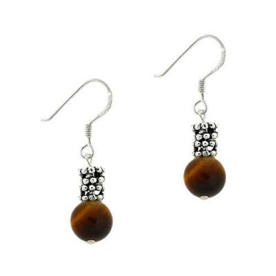 925 Silver Tiger Eye & Bali Bead Dangle Earrings