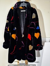 Vintage Donnybrook 1980s Vintage Heart Print Black Faux Fur Coat 2x Plus Size