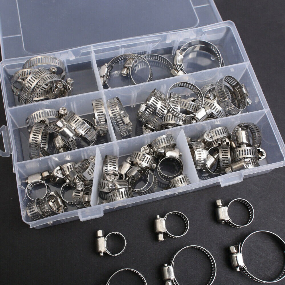 60-Piece Stainless Steel Worm Gear Hose Clamp Assortment – Adjustable, Rust-Resistant