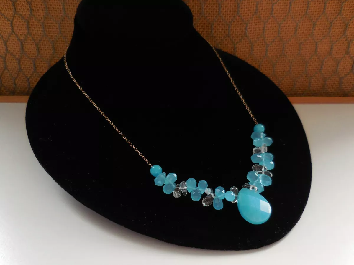 Aqua Blue Chalcedony White Quartz Crystal 14k Gold Necklace TJ Maxx