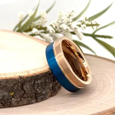 8mm Rose Gold & Blue Ion Plated Pipe Cut Tungsten Ring High Polished Edges Band