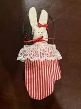 Vintage Americana Handmade Cloth Rag Doll Rabbit In Hanging Mitten