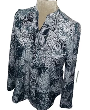 NY Collection Petite Paisley Blouse 1/4 Button Tuxedo Pleat Pockets Women's PXS