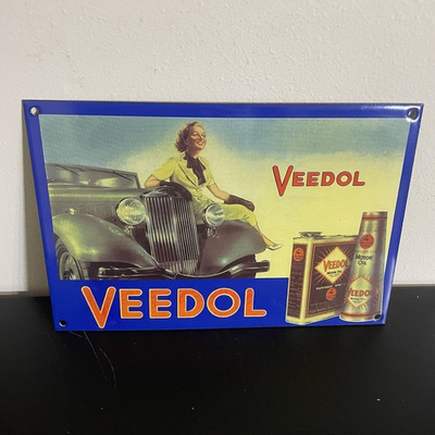 #ad VINTAGE VEEDOL BLUE GASOLINE MOTOR OIL PORCELAIN SIGN $50.00