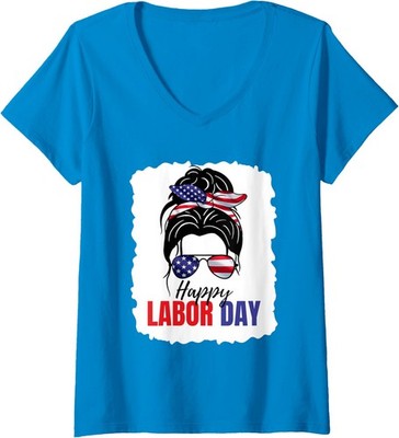 Messy Bun Happy Labor Day American Flag  Ladies' V-Neck Tshirt
