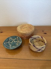 Lot Of Three Vintage Mini Baskets Pine needle, Round Lidded, SW Wedding Style NM