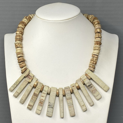 Chunky Statement Necklace Dagger Fringe Brown Neutral Collar Ethnic VTG 18''