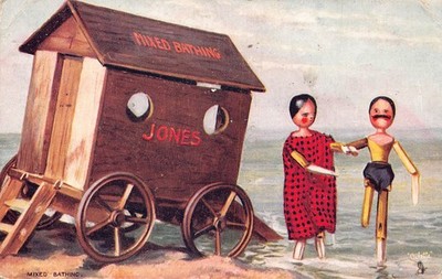 Holiday 1906 At the Seaside in Dollyland Doll Couple Mixed Bathing postcard C408