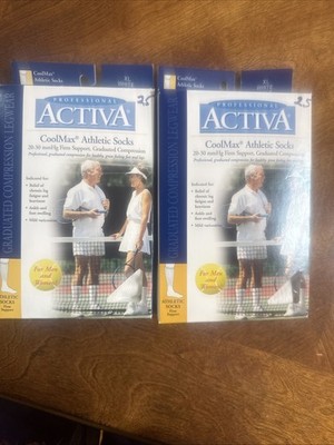Lot 2-Activa Unisex 20-30 mmHg  CoolMax Athletic Socks White Calf Sz. XL New/Box