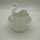Vintage Jeanette Round Clear Glass Swan Lid Candy Jar / Powder Jar/ Trinket Box
