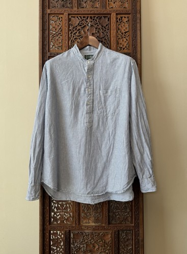 Gitman Bros Vintage Band Collar Popover Shirt Blue Stripe Linen Cotton XL USA