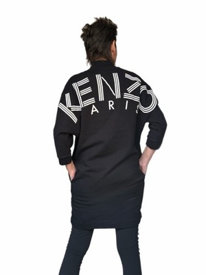 Kenzo Sweat Mini Kleid mit V-Ausschnitt und 3/4 Ärmel Schwarz
