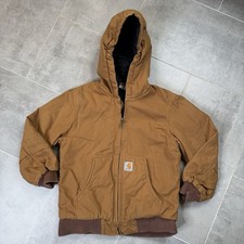 Carhartt Youth Medium 10  12 Brown Hooded Canvas Quilted Lined Jacket Coat EUC