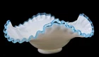 Vintage Fenton Aqua Crest milk glass bowl with ruffled edge and pedestal base