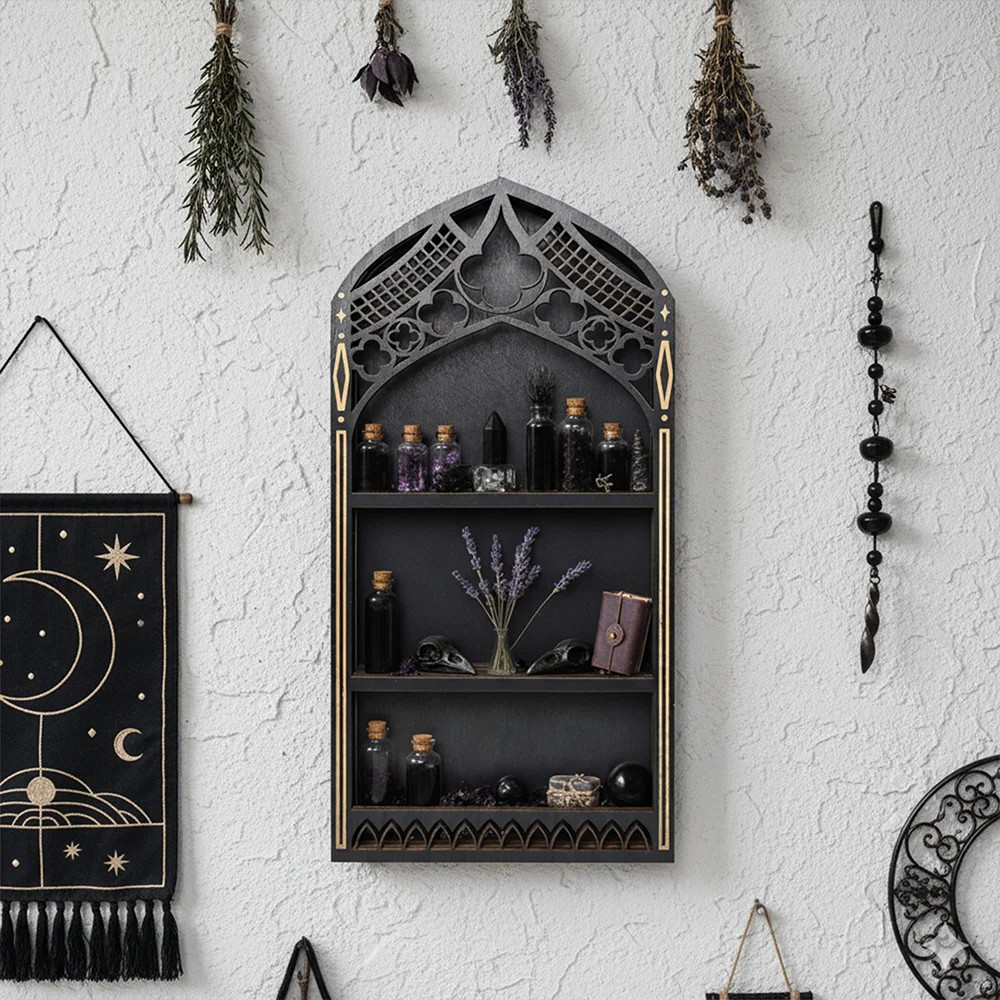 Wooden Gothic Wall Shelf Black Gold 3 Tier Display Organizer 15.8