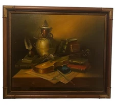 Vintage Original Oil Painting Still Life Violin Canvas Signed P Chiron Framed