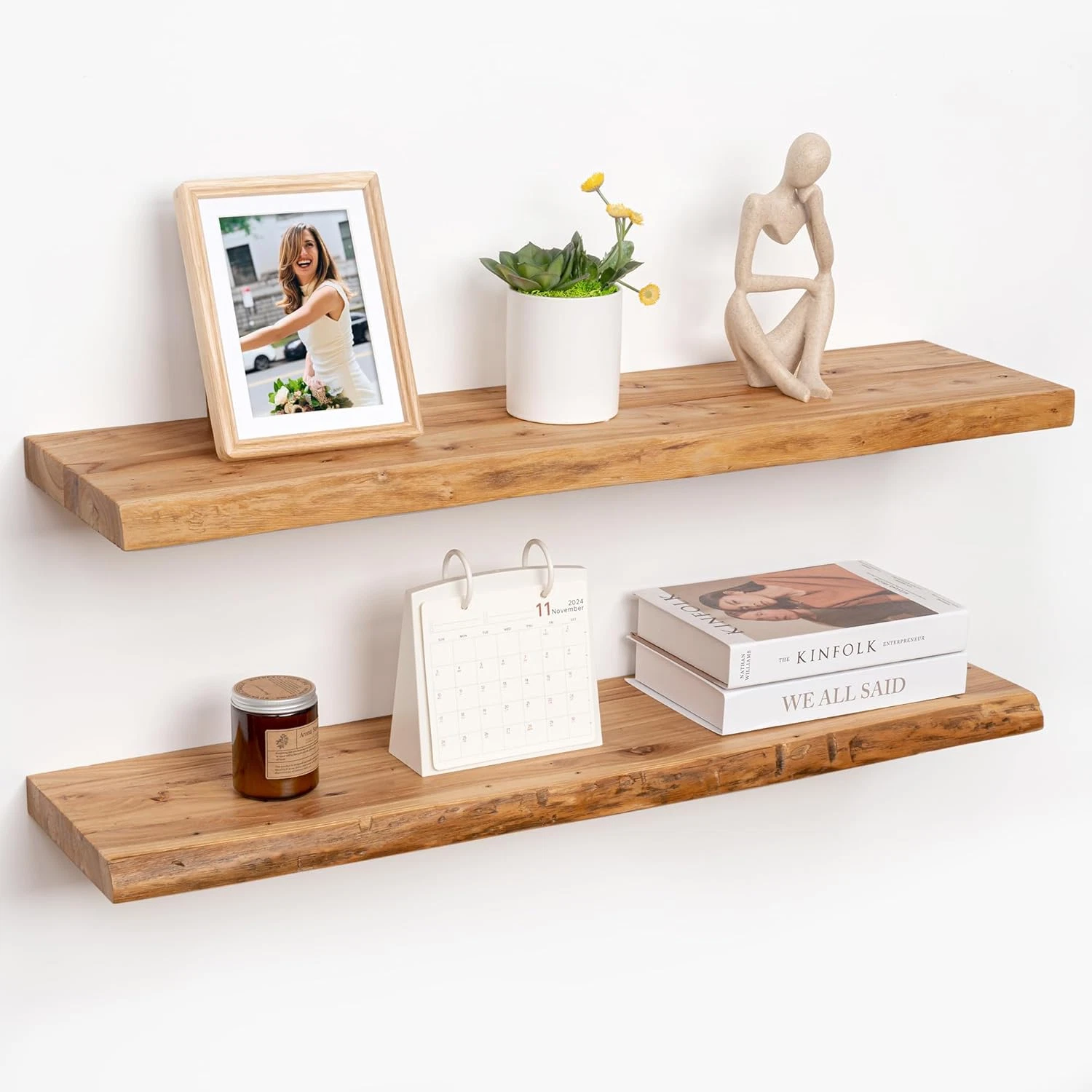 Rustic Elm Floating Shelves, Live Edge Wall-Mounted Set of 2 for Home Decor