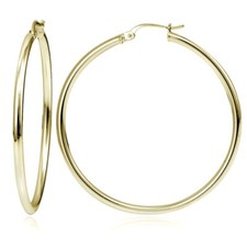 Gold Tone over Sterling Silver 2mm High Polished Round Hoop Earrings, 50mm