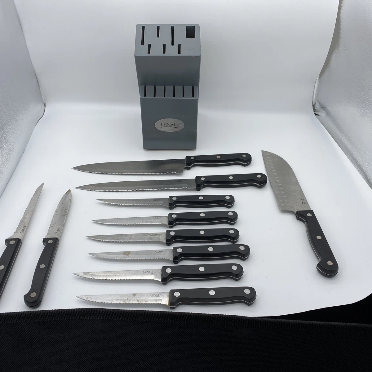 GINSU Black Handle Knife Set of 11 Knives With Wooden Block Not Complete  See Pic