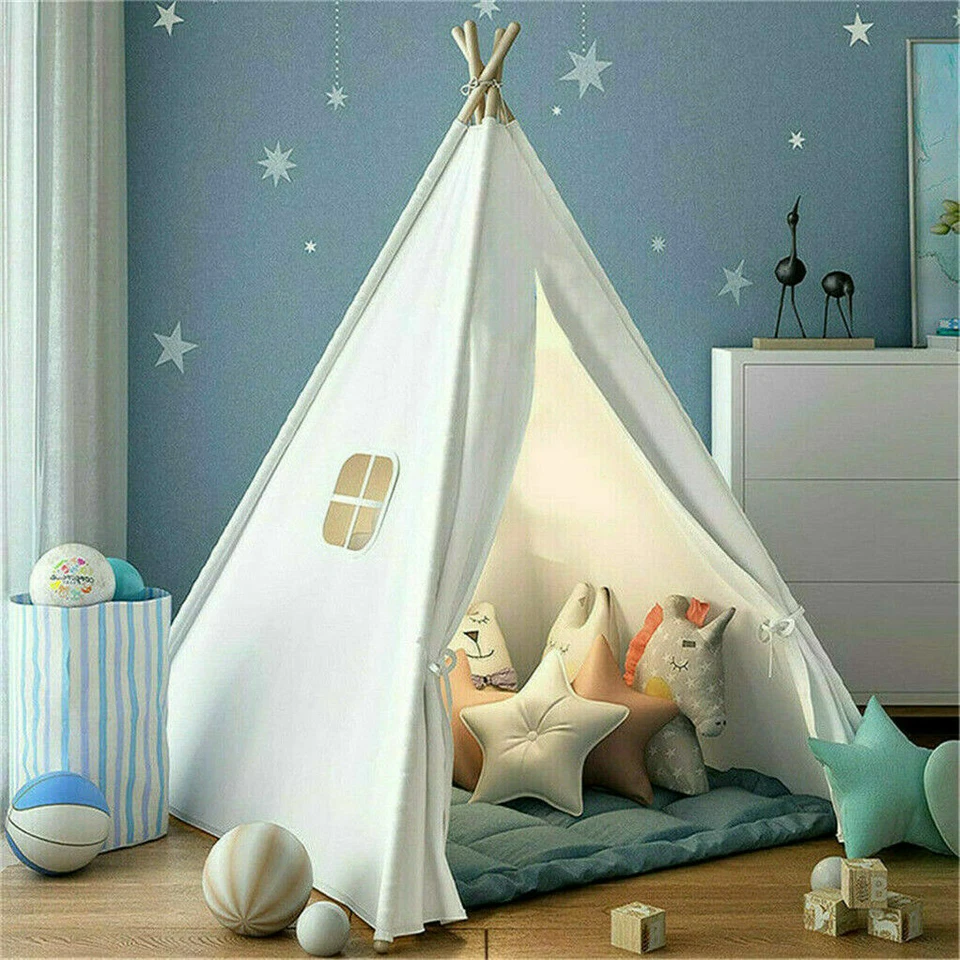 Foldable Teepee Tent for Kids with Floor Mat Cute Window 4 Poles Easy to Set Up