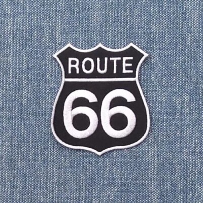 ROUTE 66 Bügelbild PATCH (schwarz & weiß) USA Straßenschild American Americana Fun Geschenk