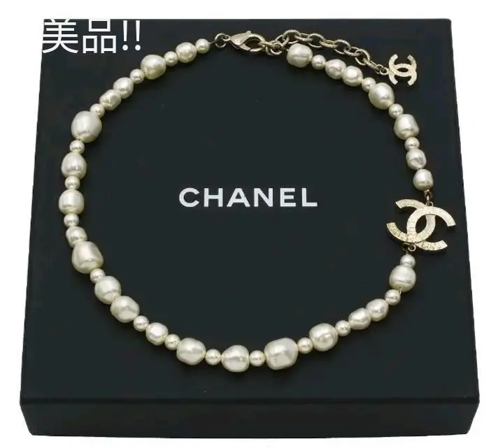 Vintage CHANEL Gold CC Logo Faux Pearl Necklace Used From Japan