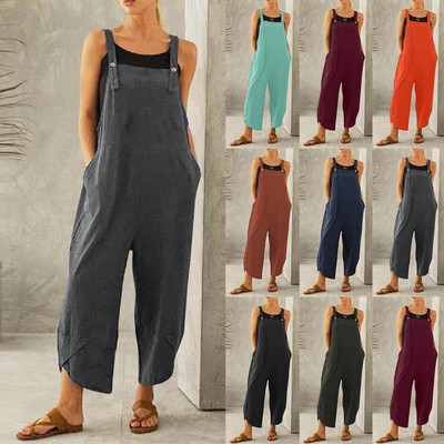 Womens Overalls Dungarees Tops Loose Buttons Trousers Ladies Pockets Jumpsuit