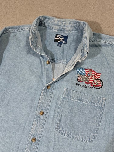 Camicia Christian Biker Vintage Sierra Pacific Patriot Moto Blu Denim Bottoni L - Foto 9 di 14