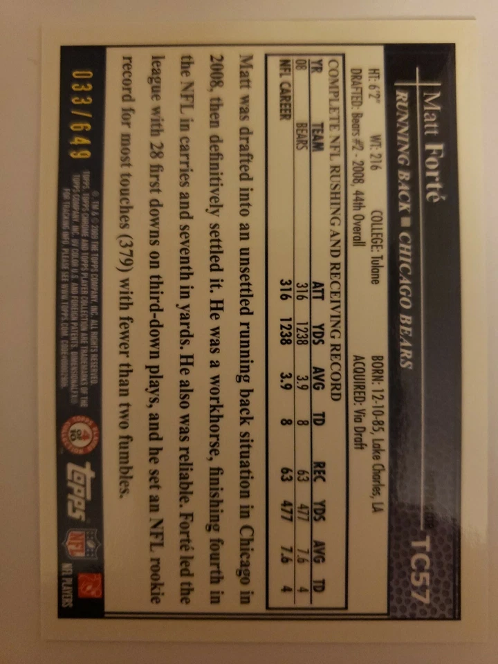 MATT FORTE 2009 TOPPS CHROME REFRACTER #'d 33/649 CARD# TC57 - Image 3 of 3