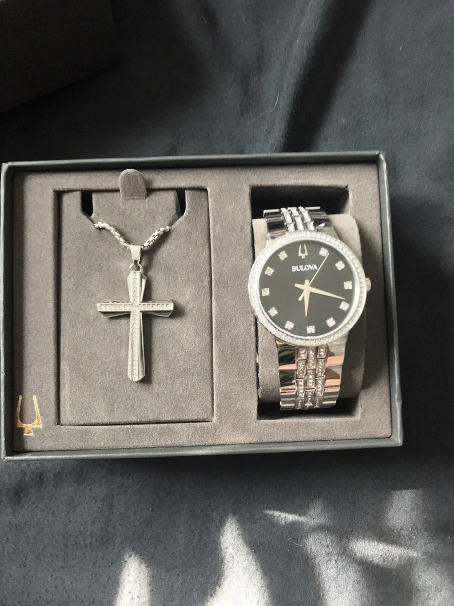 Bulova Crystal Accent Watch with Black Dial and Cross Pendant Box Set Mens Watch