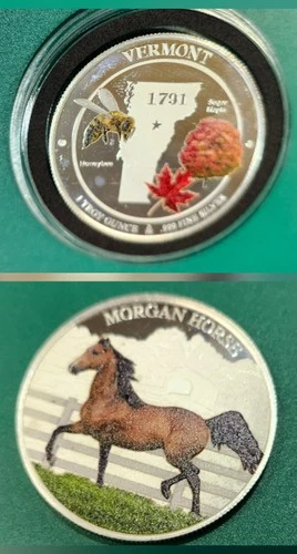 1 troy oz 0.999 Fine Silver Vermont Morgan Horse Colorized Round