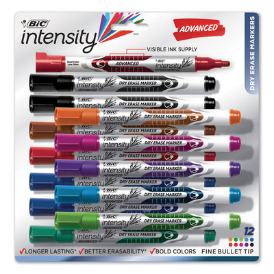 BIC Low Odor and Bold Writing Pen Style Dry Erase Marker Bullet Tip Assorted 12