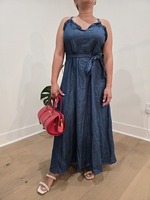 Femenine Cottagecore Lost Ink Chambray Denim Ruffle Sweetheart Maxi Dress Belted