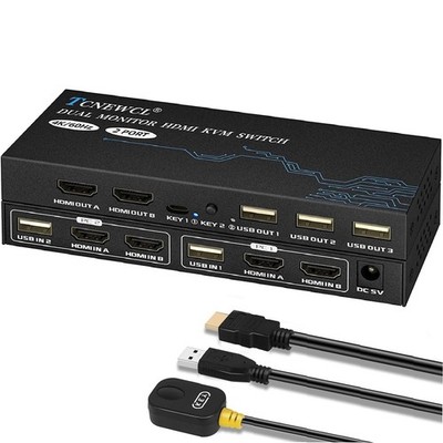 Dual Monitor KVM Switch 4K60Hz with 4 HDMI Cables and 2 USB Cables Included, ...