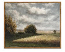 Vintage Meadow Grassland Canvas Wall Art - Framed Countryside Landscape 11x14